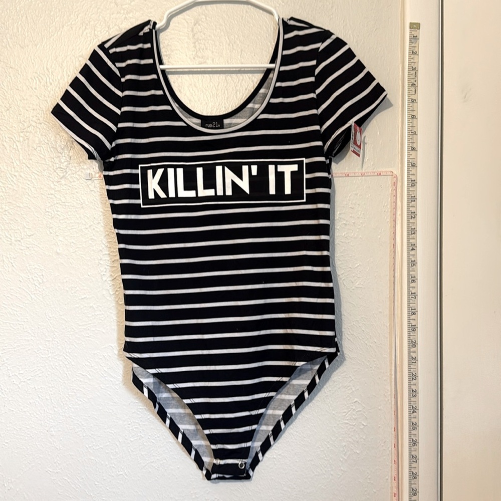 Rue 21 solid striped, black white, body suit Size L NWT